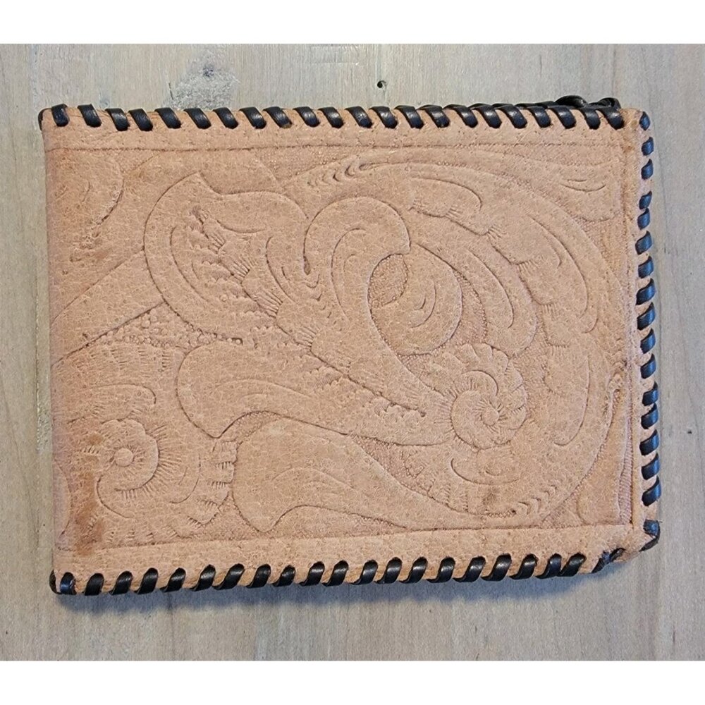 Vintage Tooled Western Wallet Laced Flower Floral Men's Leather Bifold Southwest